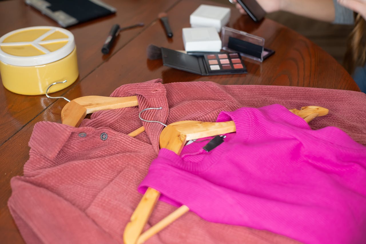 Pink and red sweaters with makeup items on a wooden table indoors.
